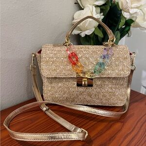 Betsey Johnson Gold Satchel with Multicolor Chain